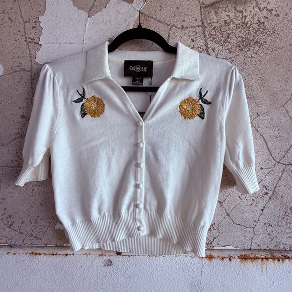 Cardigan Top Lemon Embroidered Short Sleeve Sweater Cropped Button Front Women 6 - Picture 1 of 7